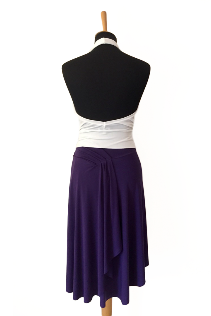 Purple tango dance skirt with rich back draping.