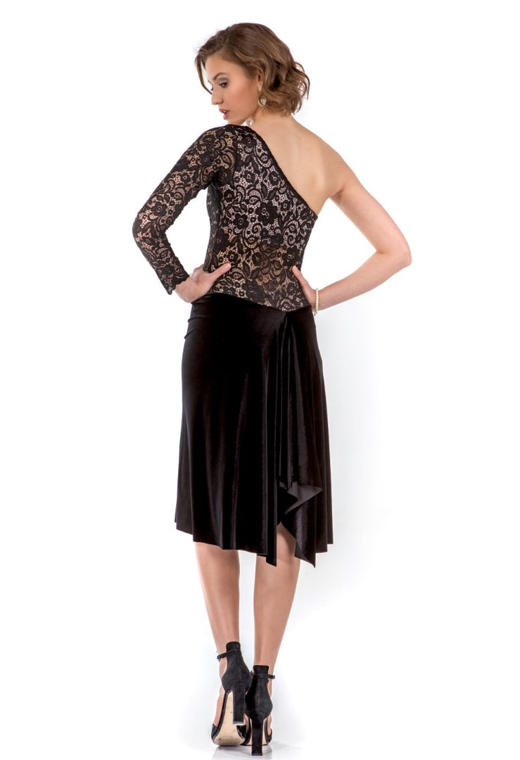 One-shoulder Velvet and Lace Tango Dress