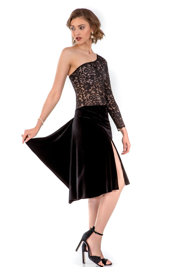 One-shoulder Velvet and Lace Tango Dress